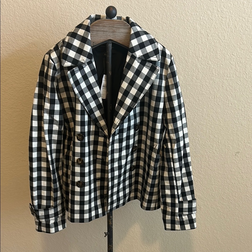 Ann Taylor Black and White Checkered Pea Coat with Notched Lapel